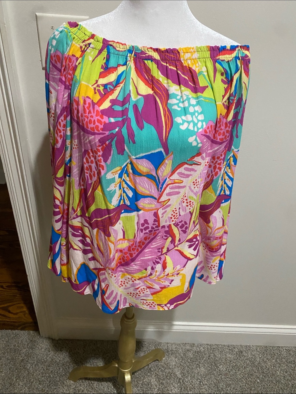 Off-Shoulder Floral Print Tunic Top in Pink & Teal